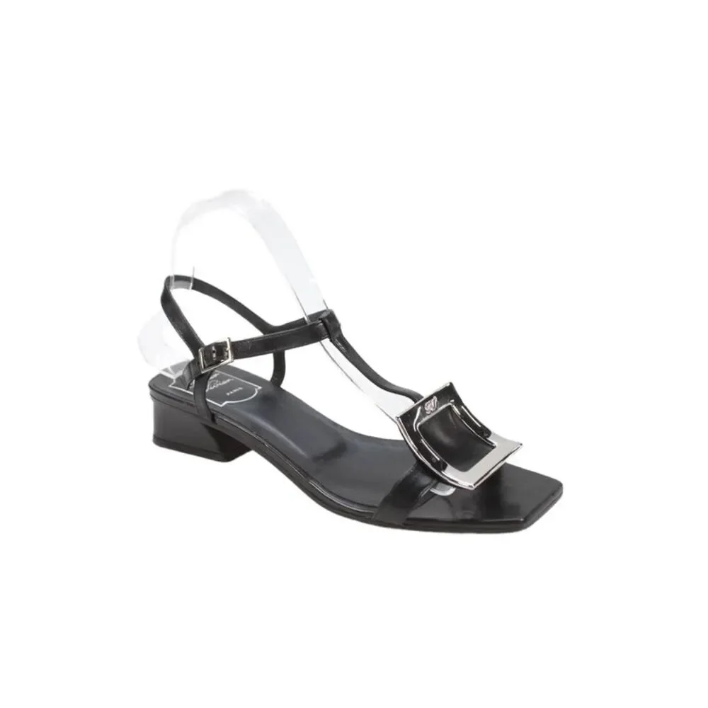 Roger Vivier Womens Block Heel Logo Buckle Ankle Strap Sandals Black Size 38.5